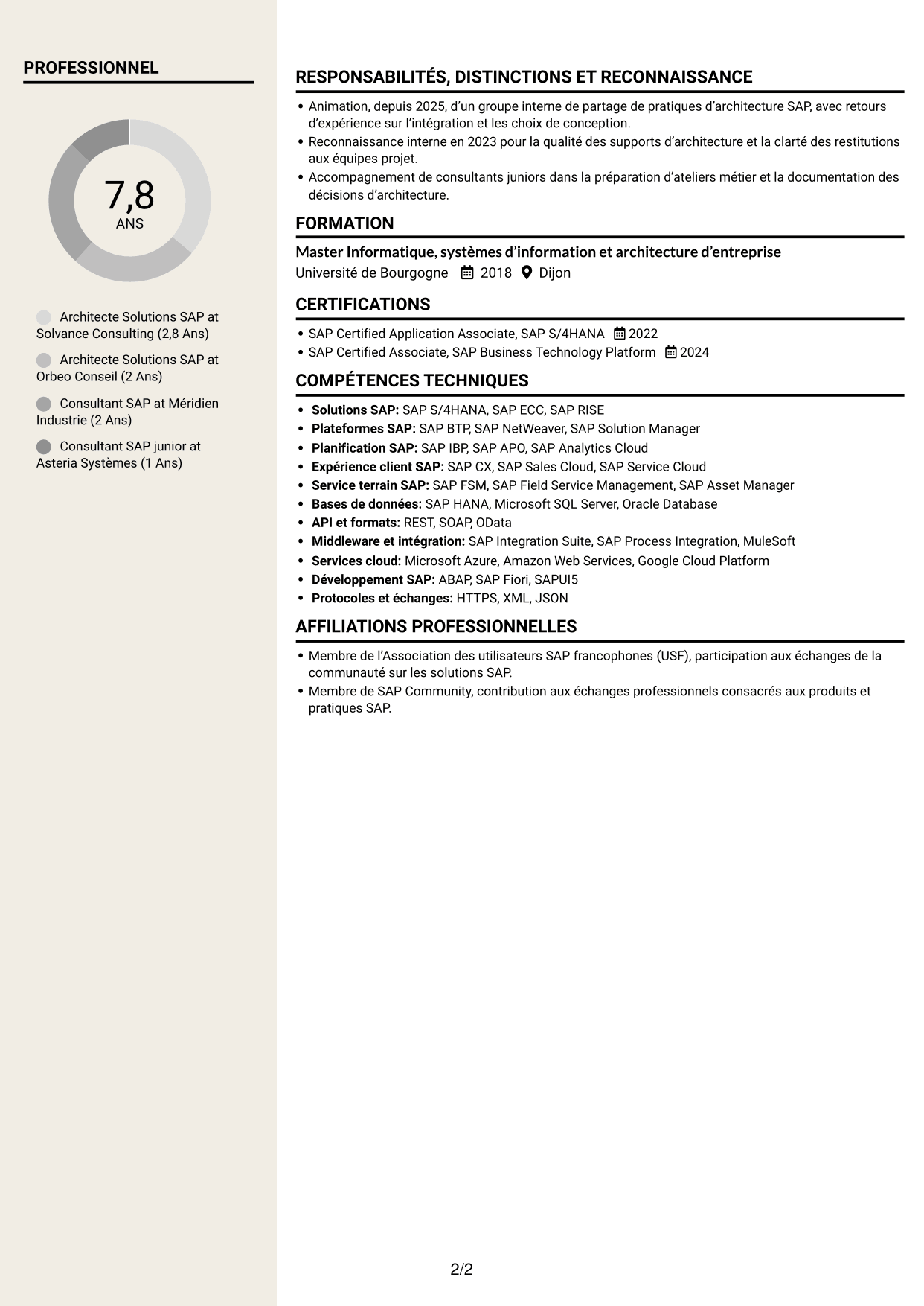 CV Fonceur (format à deux colonnes avec en-tête centré sans photo) : Architecte Solutions SAP - Transformation S/4HANA, page 2