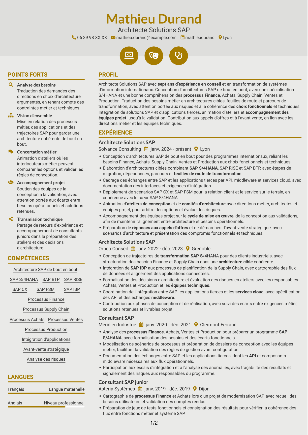 CV Dynamique (format à deux colonnes avec icônes) : Architecte Solutions SAP - Transformation S/4HANA, page 1