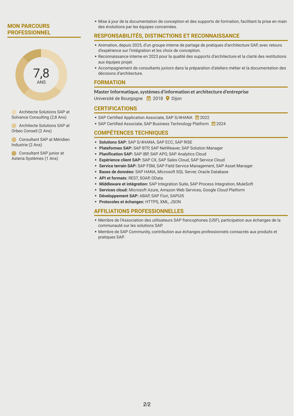 CV Dynamique (format à deux colonnes avec icônes) : Architecte Solutions SAP - Transformation S/4HANA, page 2