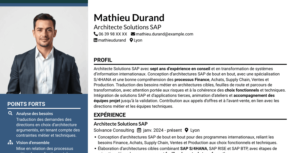 7 modèles de CV pour Architecte Solutions SAP - Transformation S/4HANA, avec exemples