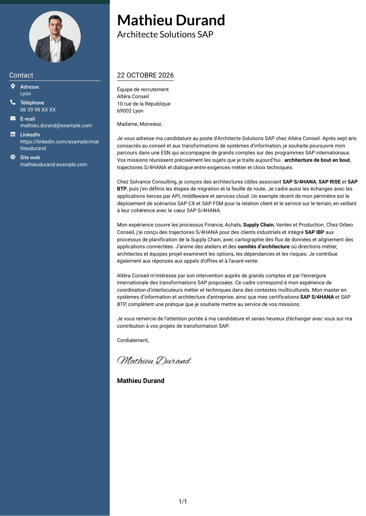 Lettre de motivation Élégant (format à colonne latérale colorée avec photo) : Architecte Solutions SAP - Transformation S/4HANA, page 1