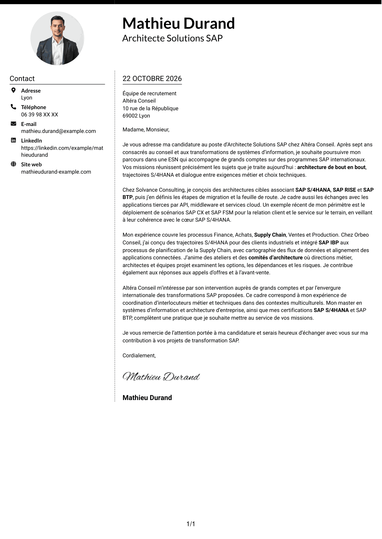 Lettre de motivation Moderne (format à deux colonnes avec photo à gauche et séparateur) : Architecte Solutions SAP - Transformation S/4HANA, page 1