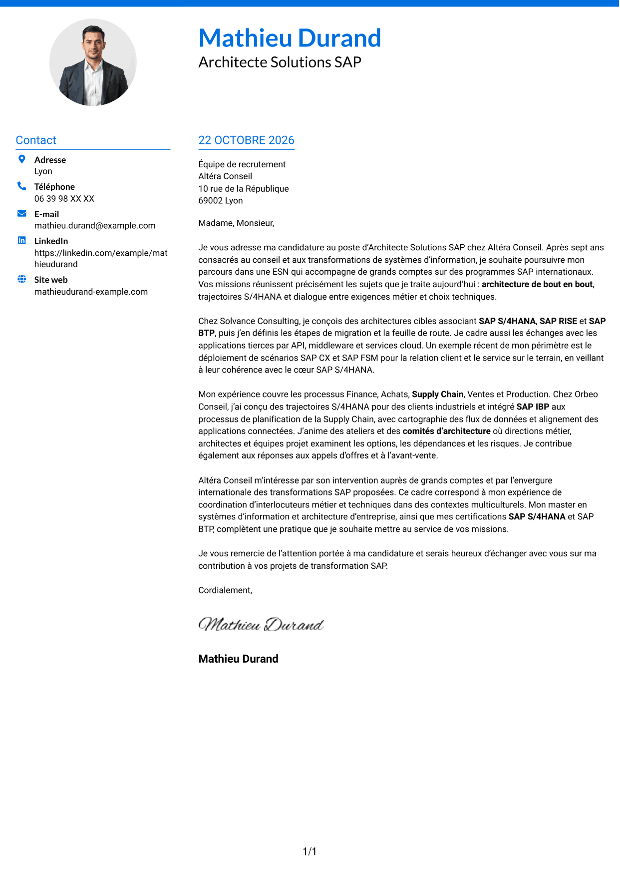 Lettre de motivation Audacieux (format à deux colonnes avec accents colorés et photo) : Architecte Solutions SAP - Transformation S/4HANA, page 1