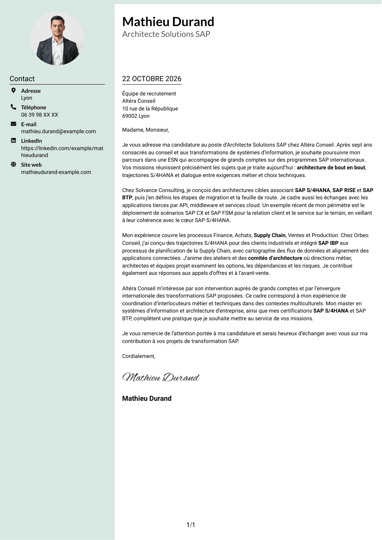 Lettre de motivation Cadre (format à colonne latérale douce avec photo arrondie) : Architecte Solutions SAP - Transformation S/4HANA, page 1