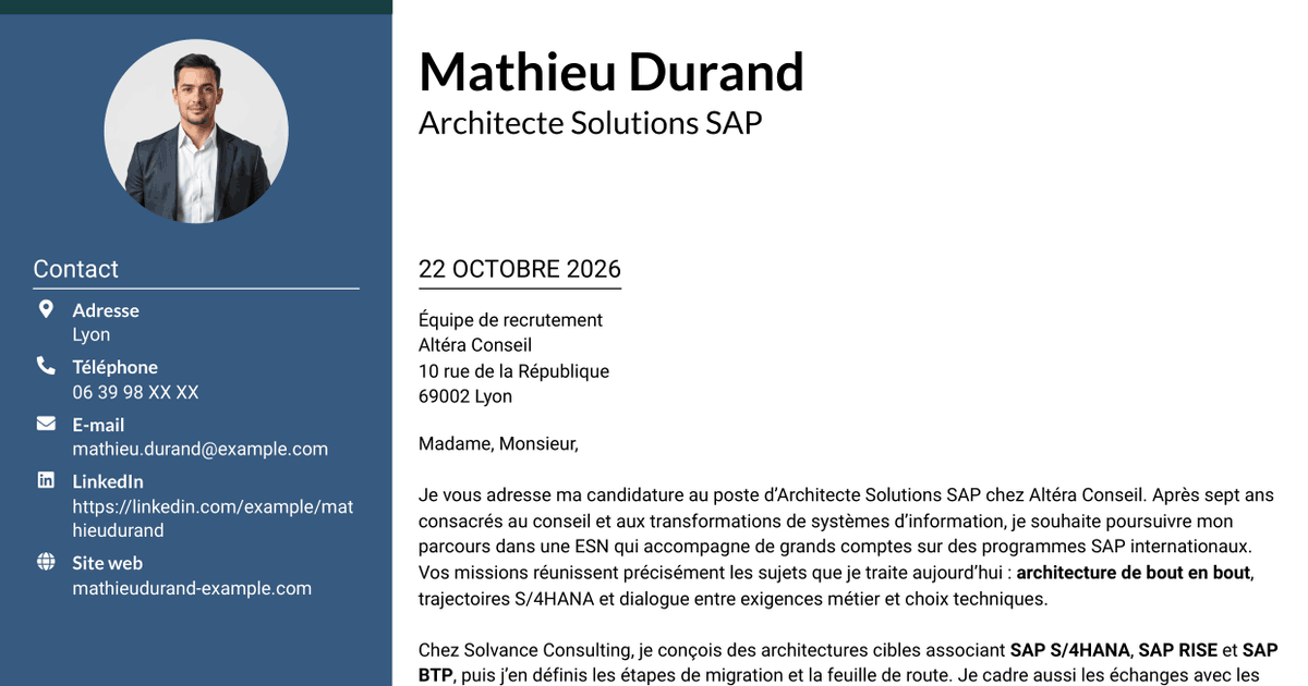 7 modèles de lettre de motivation pour Architecte Solutions SAP - Transformation S/4HANA, avec exemples