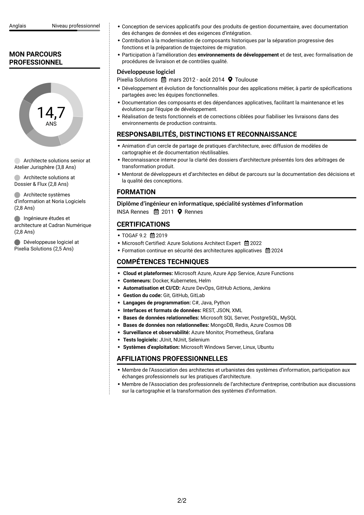 CV Moderne (format à deux colonnes avec photo à gauche et séparateur) : Architecte Solutions - Systèmes d'information notariaux, page 2