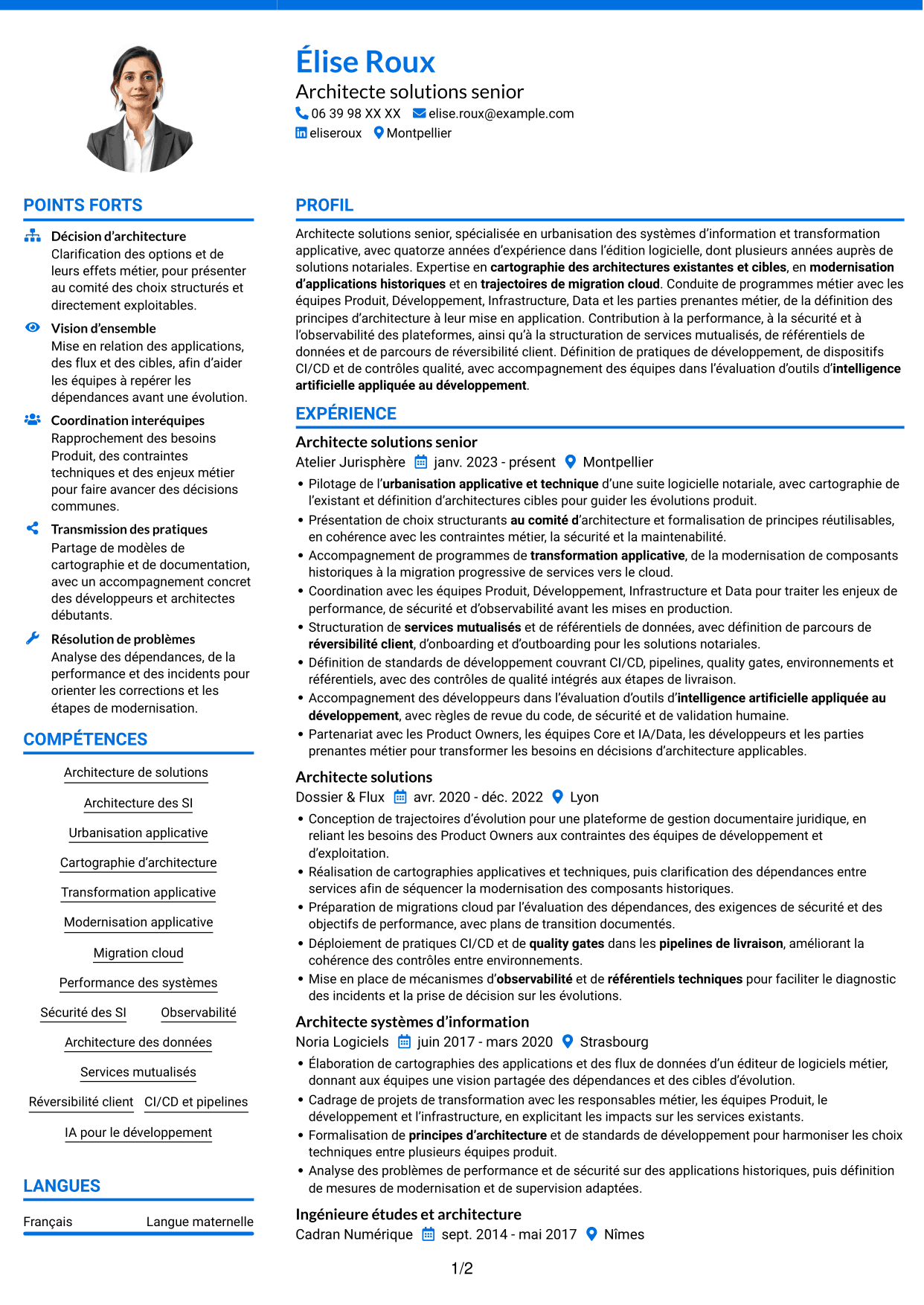 CV Audacieux (format à deux colonnes avec accents colorés et photo) : Architecte Solutions - Systèmes d'information notariaux, page 1