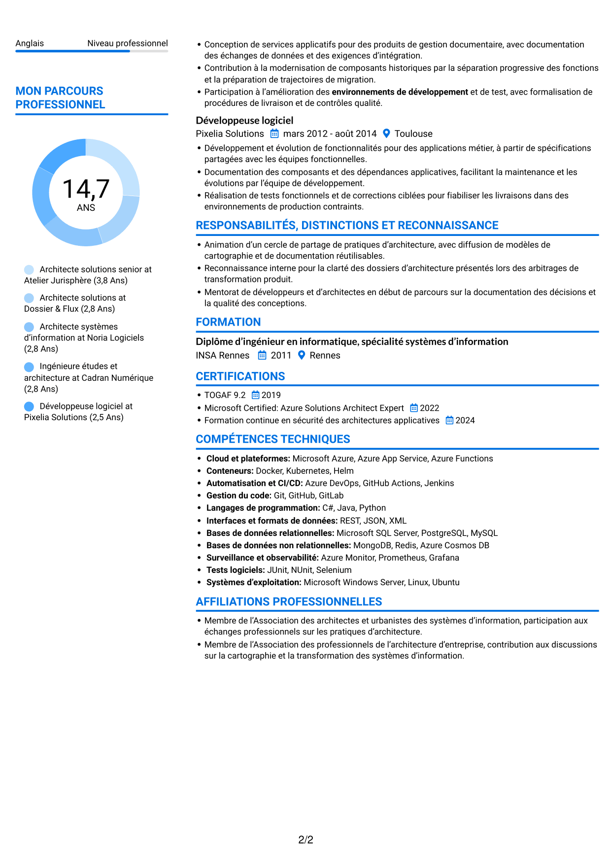 CV Audacieux (format à deux colonnes avec accents colorés et photo) : Architecte Solutions - Systèmes d'information notariaux, page 2
