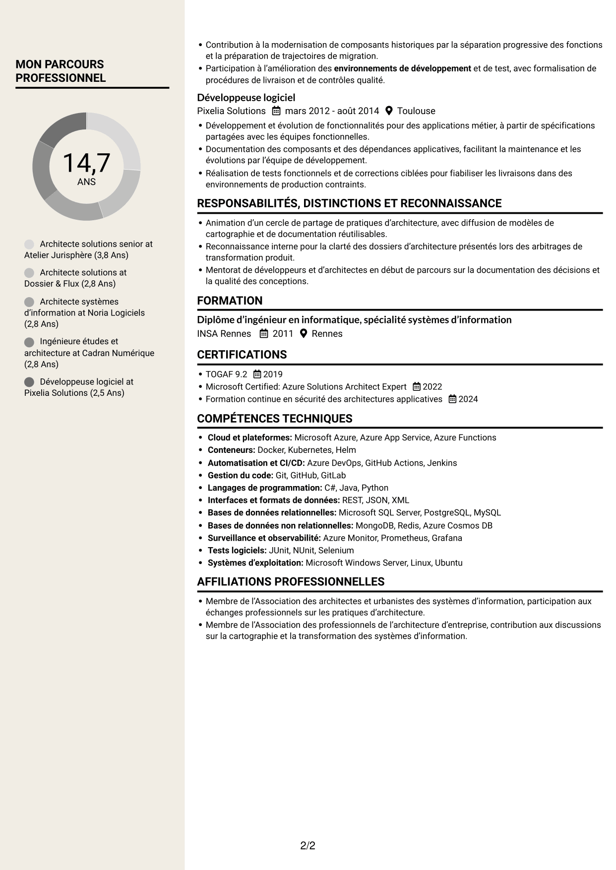 CV Fonceur (format à deux colonnes avec en-tête centré sans photo) : Architecte Solutions - Systèmes d'information notariaux, page 2