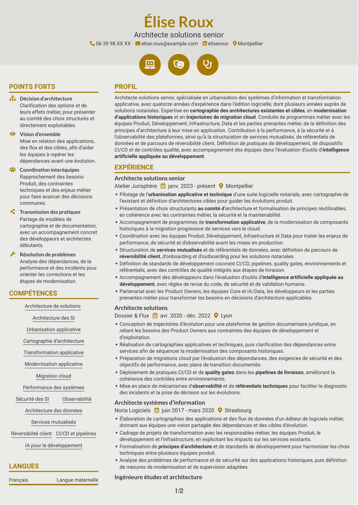 CV Dynamique (format à deux colonnes avec icônes) : Architecte Solutions - Systèmes d'information notariaux, page 1