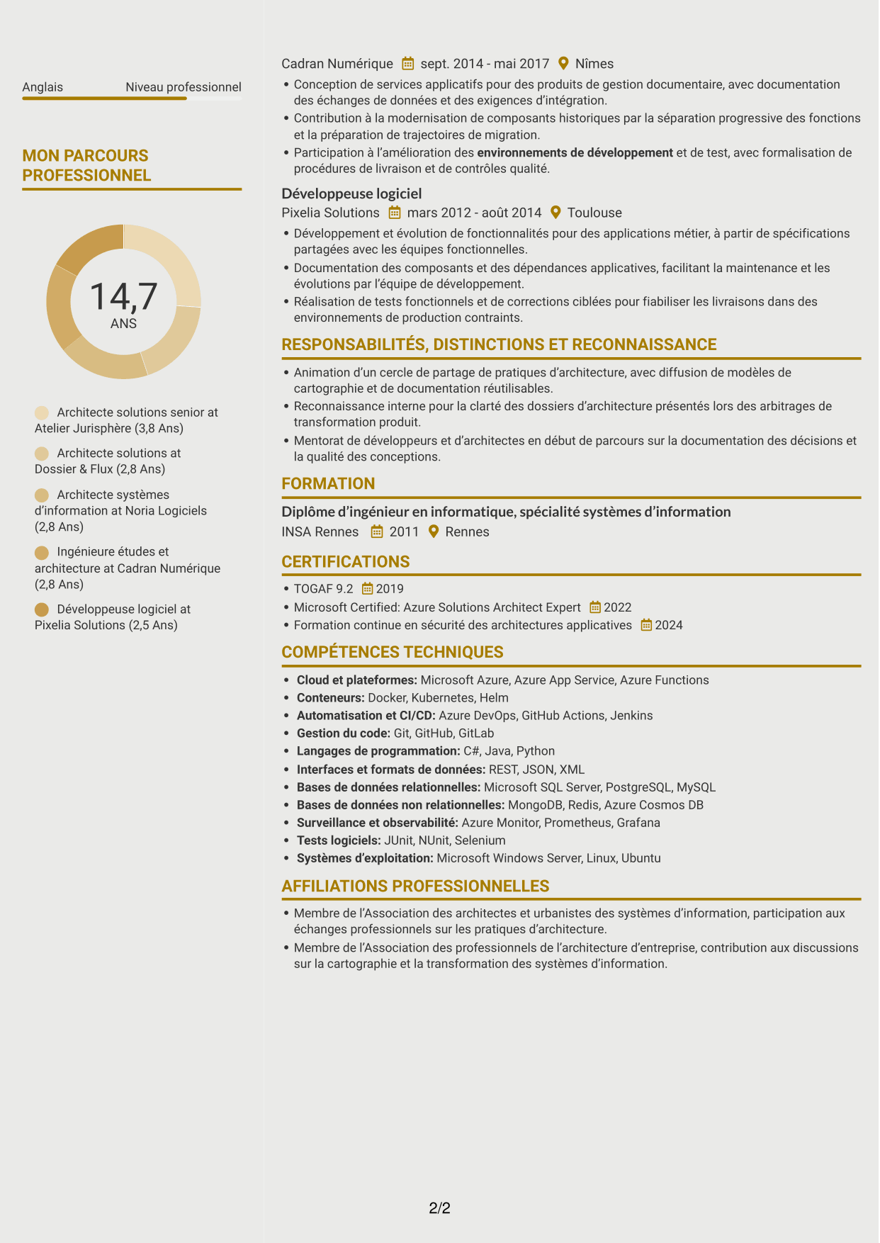 CV Dynamique (format à deux colonnes avec icônes) : Architecte Solutions - Systèmes d'information notariaux, page 2