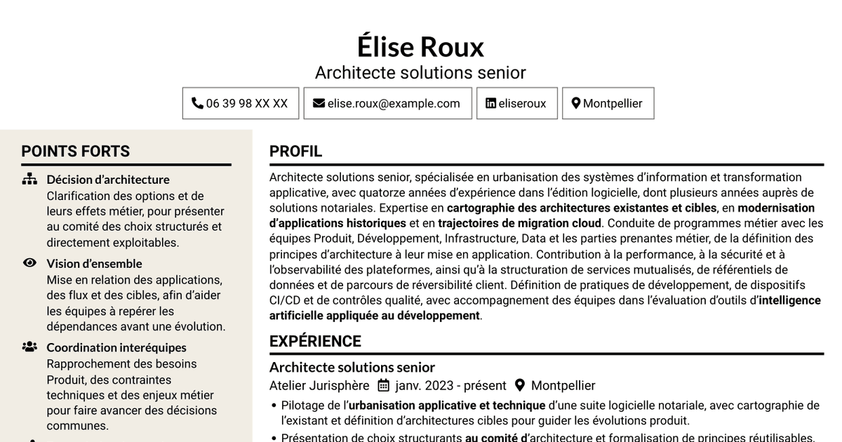 7 modèles de CV pour Architecte Solutions - Systèmes d'information notariaux, avec exemples