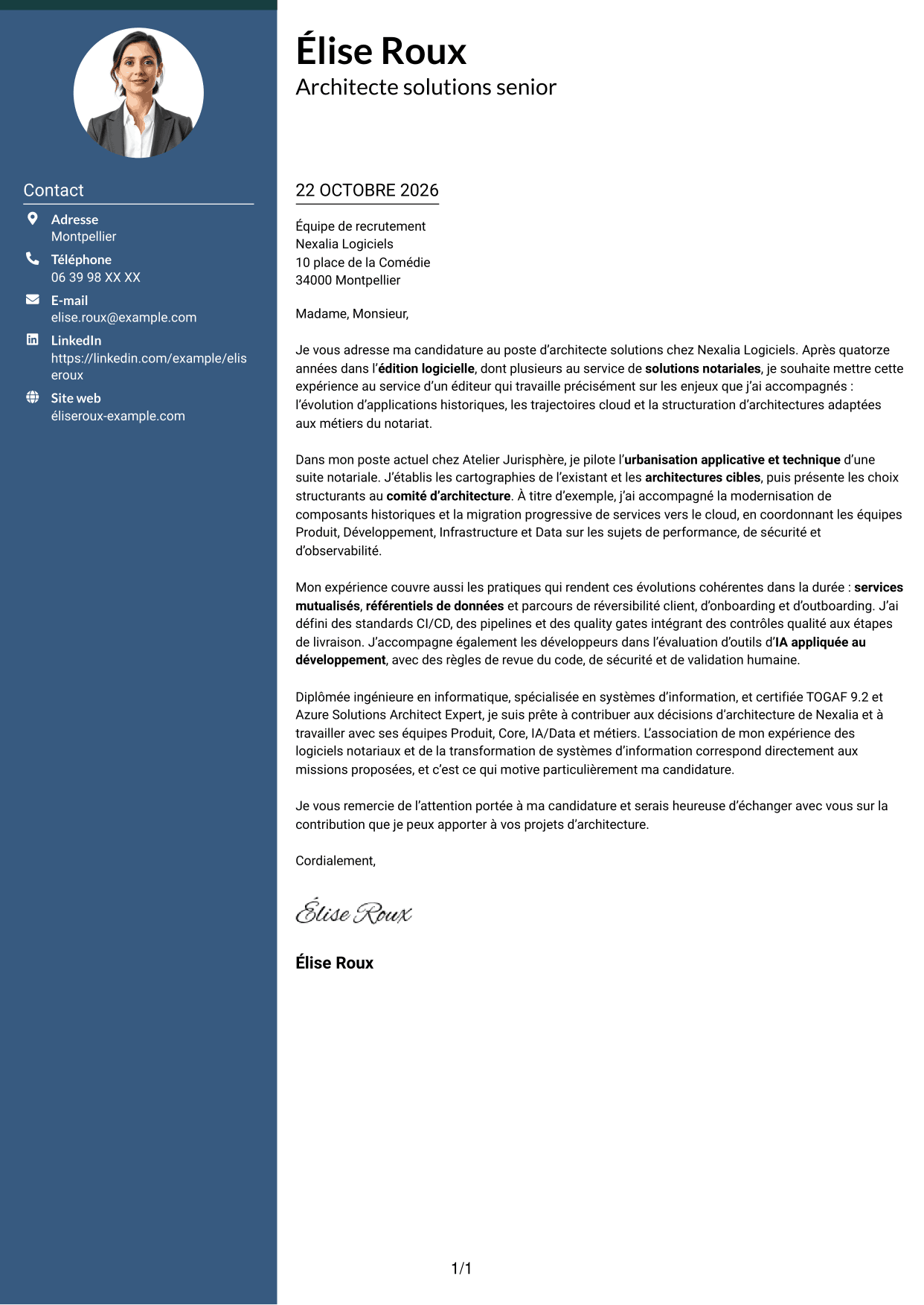 Lettre de motivation Élégant (format à colonne latérale colorée avec photo) : Architecte Solutions - Systèmes d'information notariaux, page 1