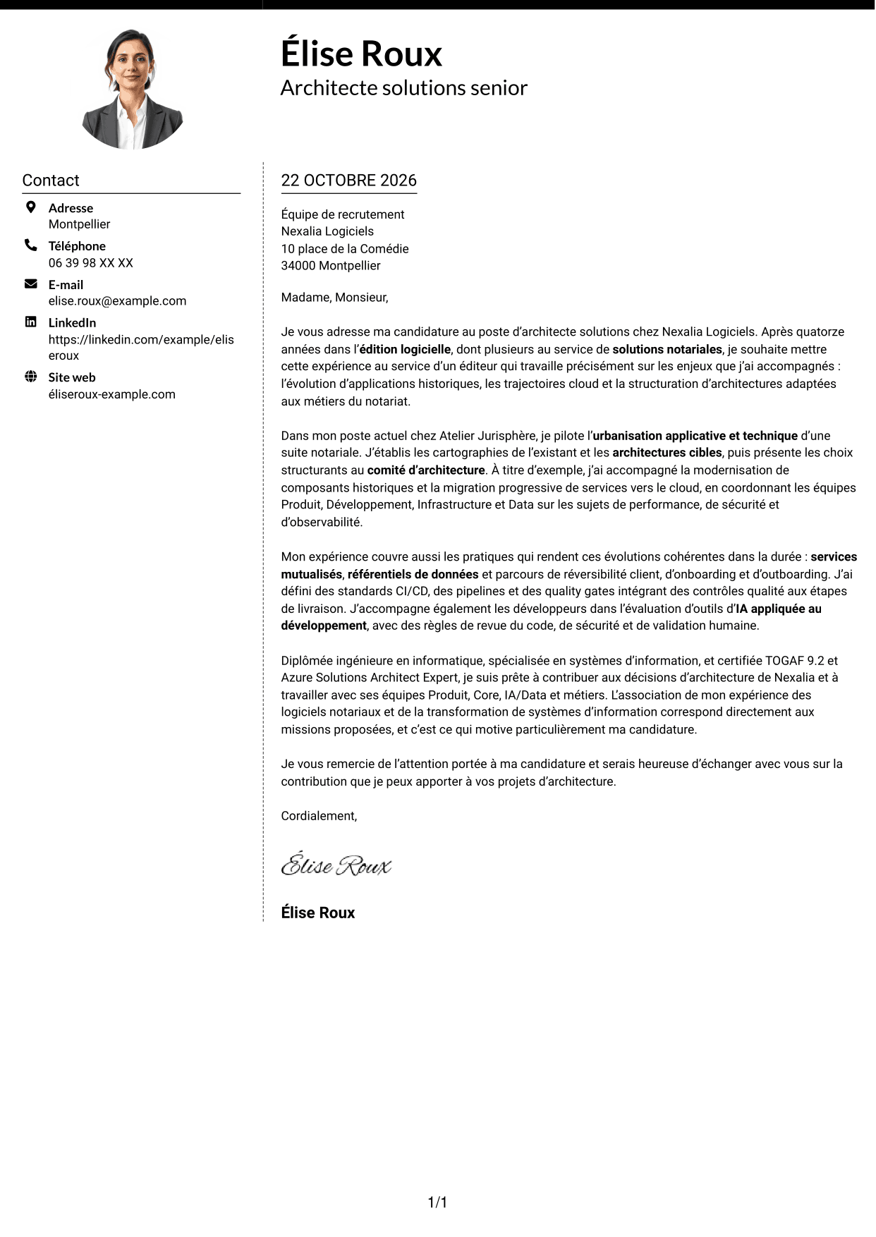Lettre de motivation Moderne (format à deux colonnes avec photo à gauche et séparateur) : Architecte Solutions - Systèmes d'information notariaux, page 1