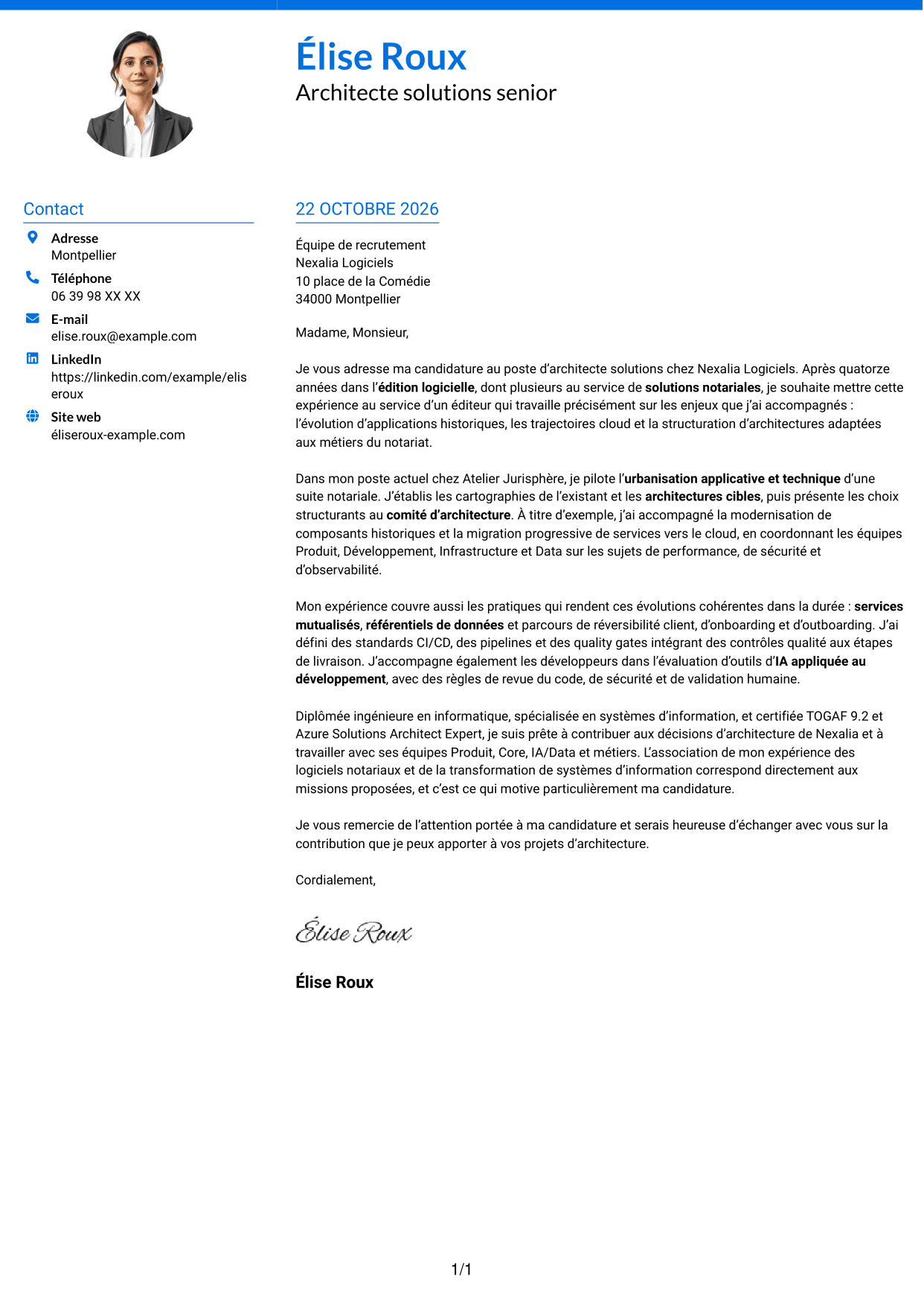 Lettre de motivation Audacieux (format à deux colonnes avec accents colorés et photo) : Architecte Solutions - Systèmes d'information notariaux, page 1