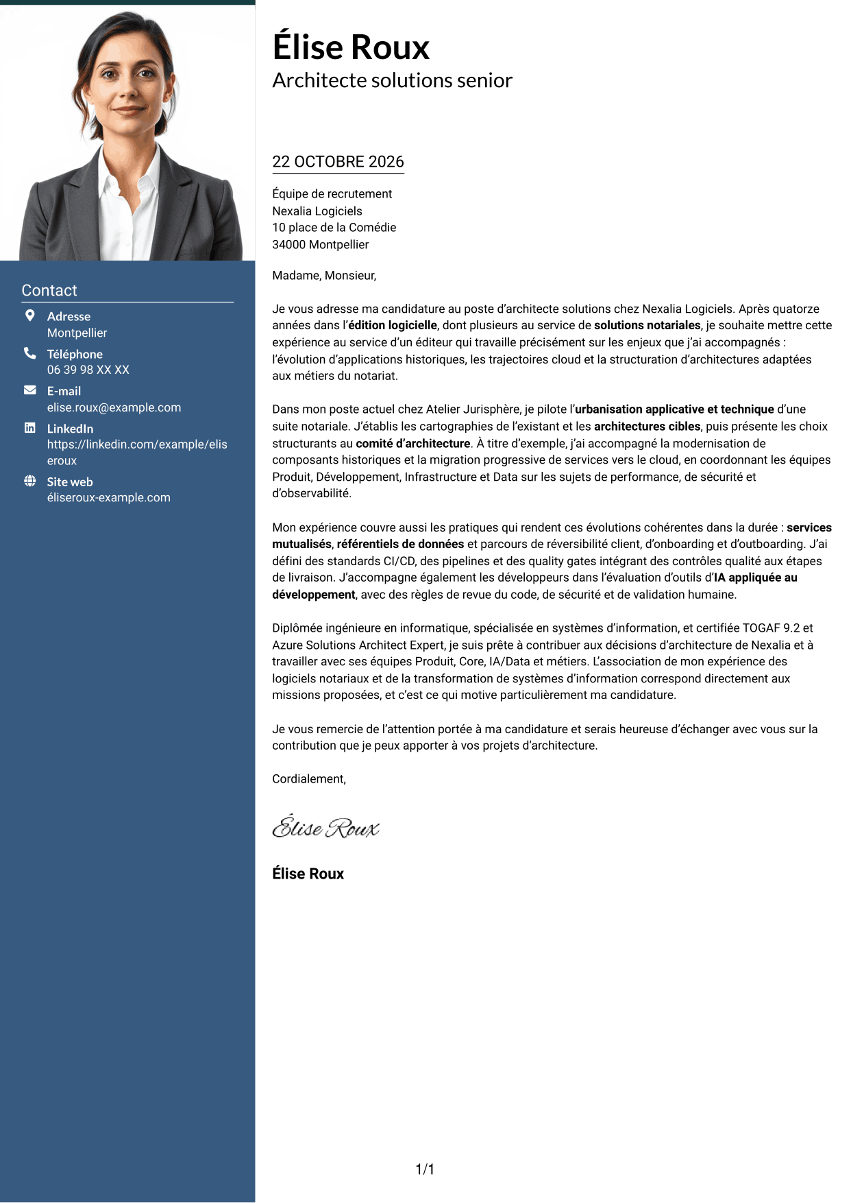 Lettre de motivation Signature (format à colonne latérale colorée avec grande photo) : Architecte Solutions - Systèmes d'information notariaux, page 1
