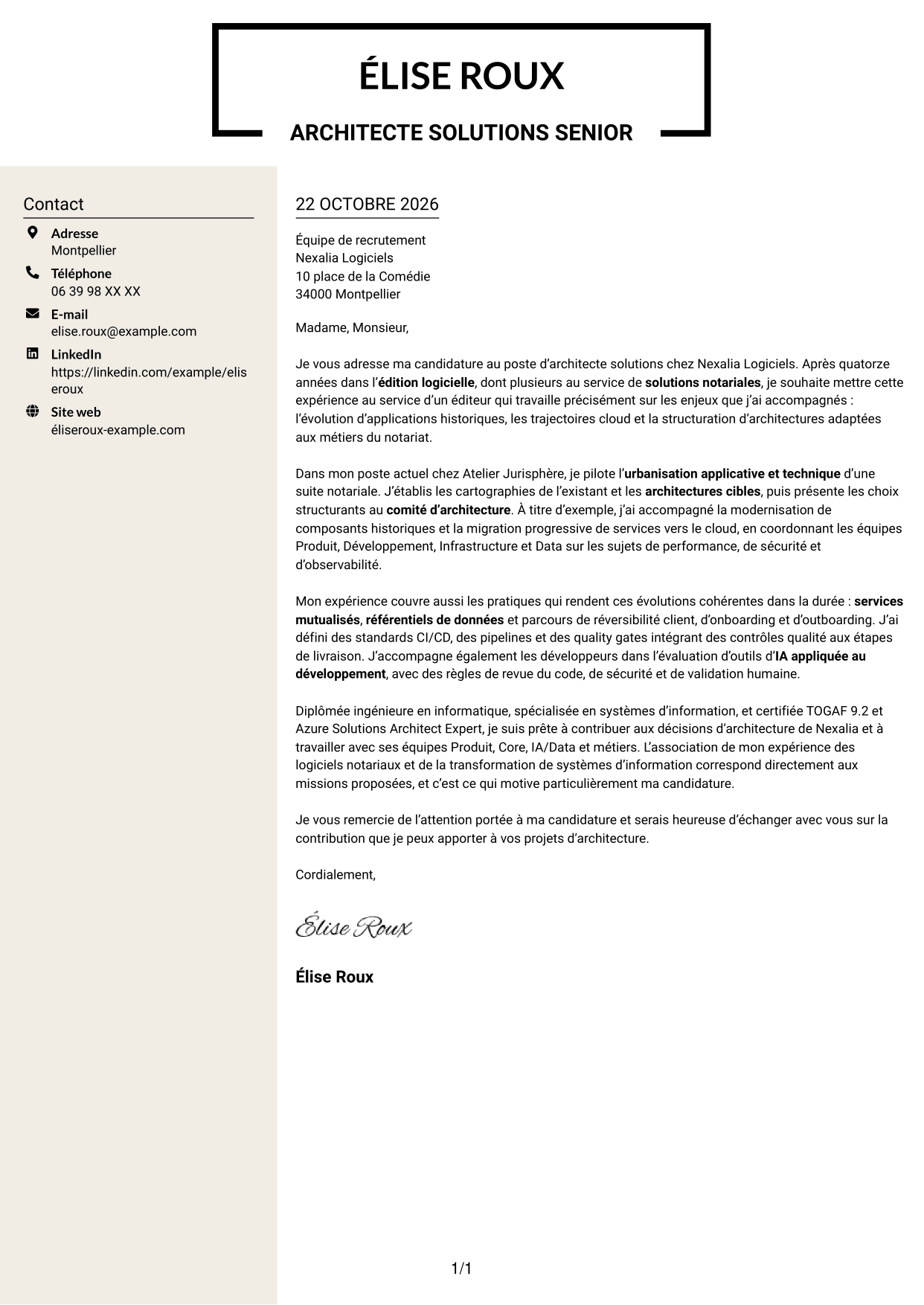Lettre de motivation Fonceur (format à deux colonnes avec en-tête centré sans photo) : Architecte Solutions - Systèmes d'information notariaux, page 1