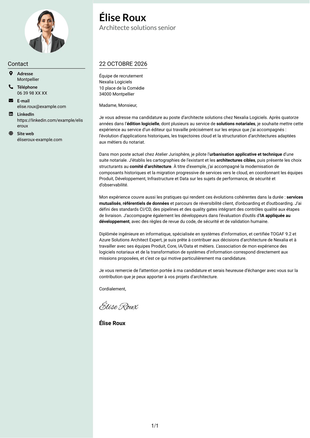 Lettre de motivation Cadre (format à colonne latérale douce avec photo arrondie) : Architecte Solutions - Systèmes d'information notariaux, page 1