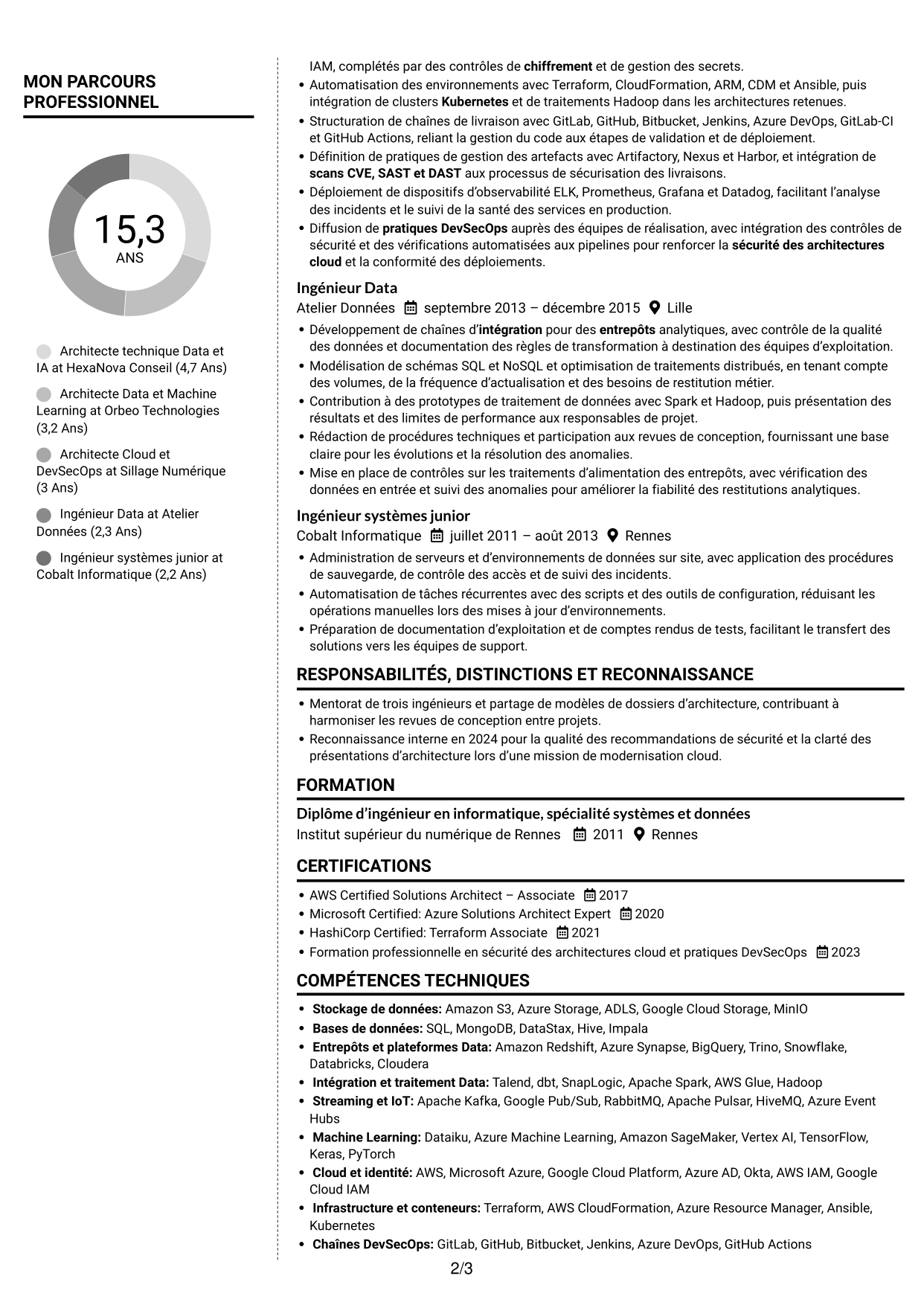 CV Moderne (format à deux colonnes avec photo à gauche et séparateur) : Architecte technique Data et IA, page 2
