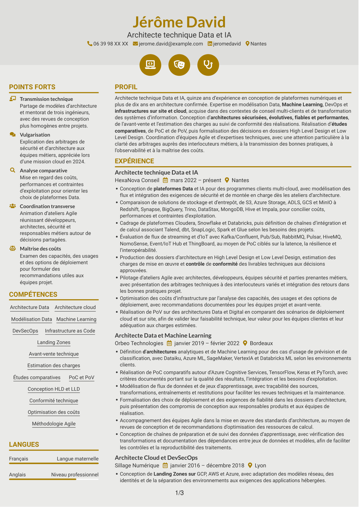 CV Dynamique (format à deux colonnes avec icônes) : Architecte technique Data et IA, page 1