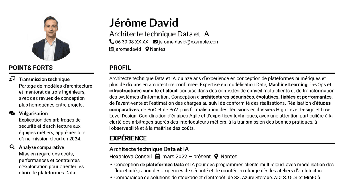 7 modèles de CV pour Architecte technique Data et IA, avec exemples
