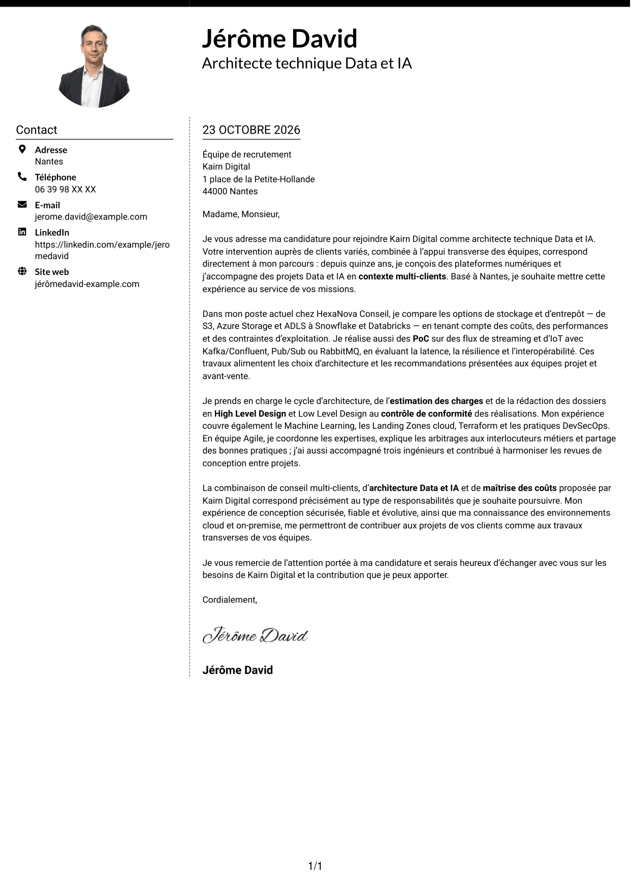 Lettre de motivation Moderne (format à deux colonnes avec photo à gauche et séparateur) : Architecte technique Data et IA, page 1