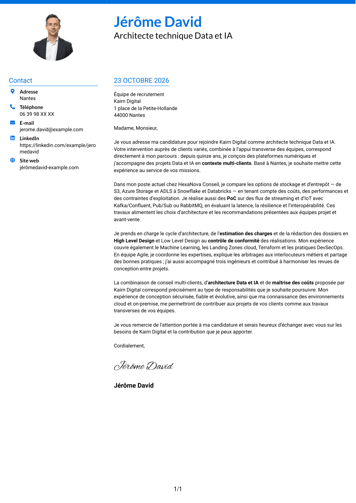 Lettre de motivation Audacieux (format à deux colonnes avec accents colorés et photo) : Architecte technique Data et IA, page 1