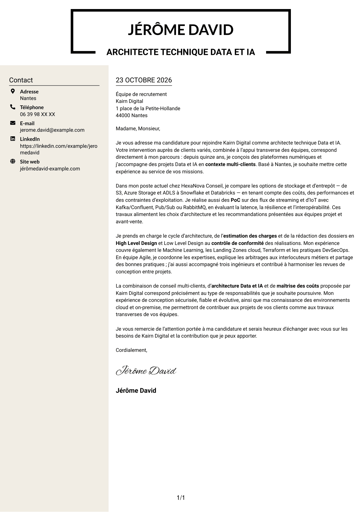 Lettre de motivation Fonceur (format à deux colonnes avec en-tête centré sans photo) : Architecte technique Data et IA, page 1