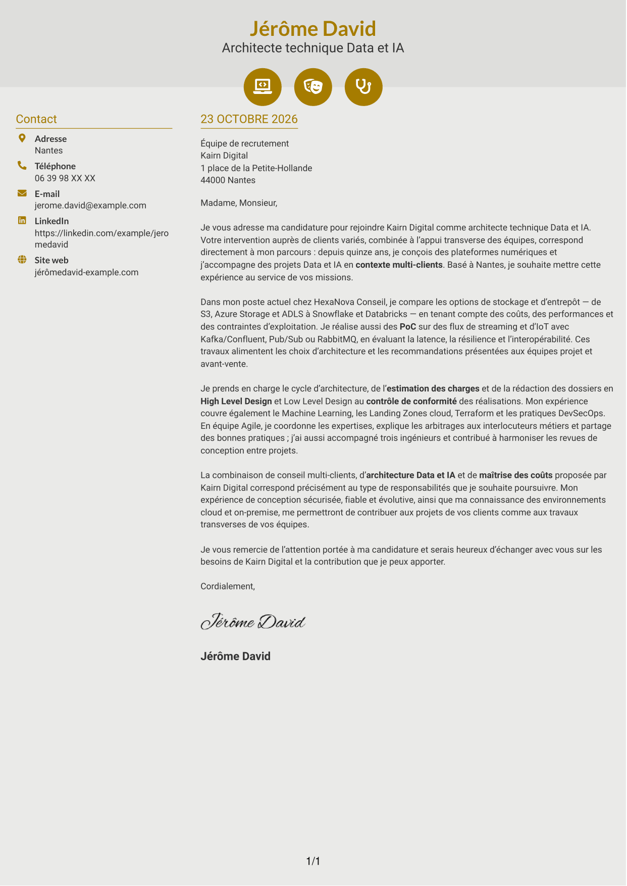 Lettre de motivation Dynamique (format à deux colonnes avec icônes) : Architecte technique Data et IA, page 1