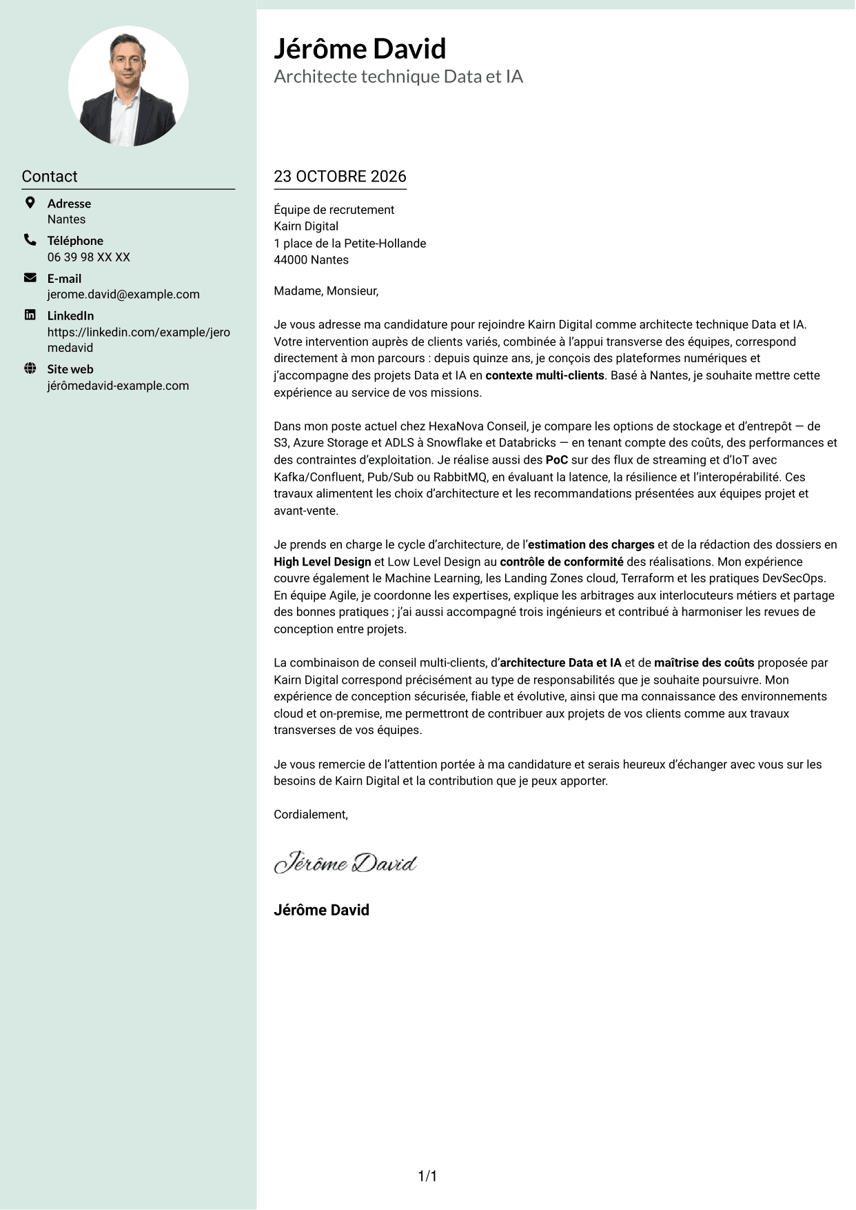 Lettre de motivation Cadre (format à colonne latérale douce avec photo arrondie) : Architecte technique Data et IA, page 1