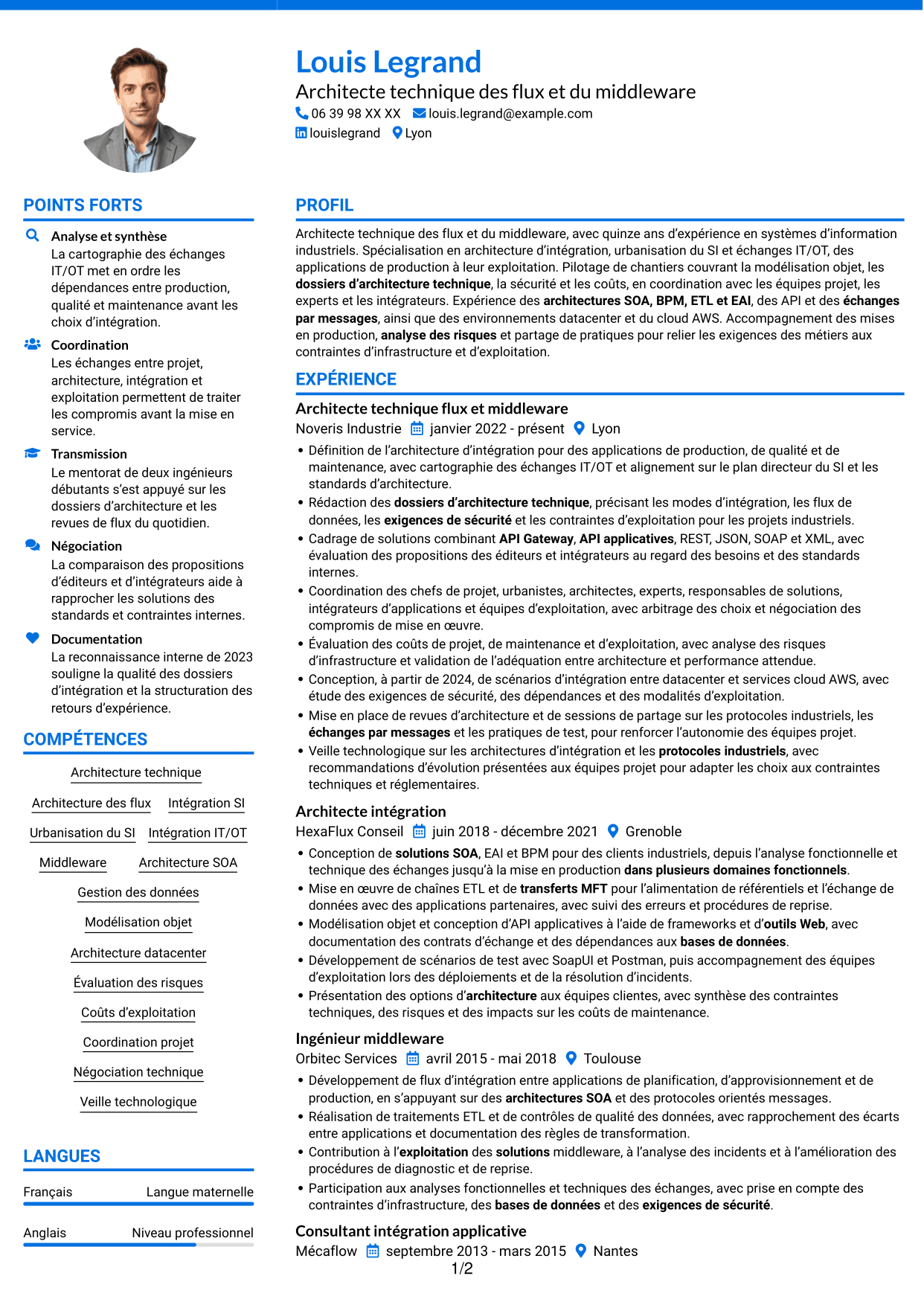 CV Audacieux (format à deux colonnes avec accents colorés et photo) : Architecte technique flux et middleware des SI, page 1