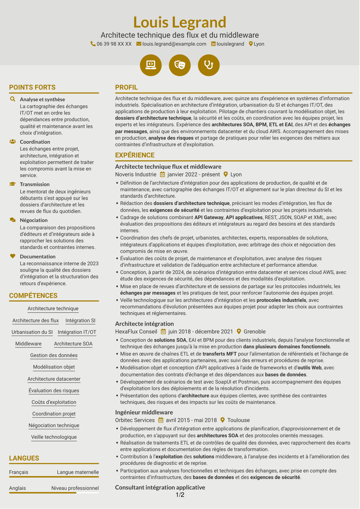 CV Dynamique (format à deux colonnes avec icônes) : Architecte technique flux et middleware des SI, page 1