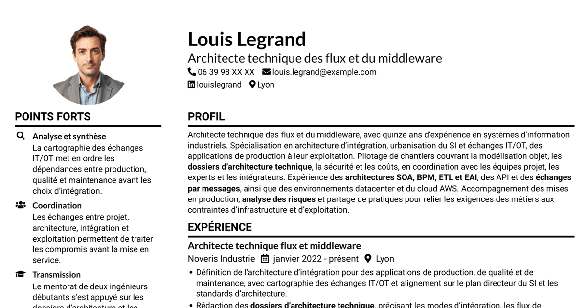 7 modèles de CV pour Architecte technique flux et middleware des SI, avec exemples