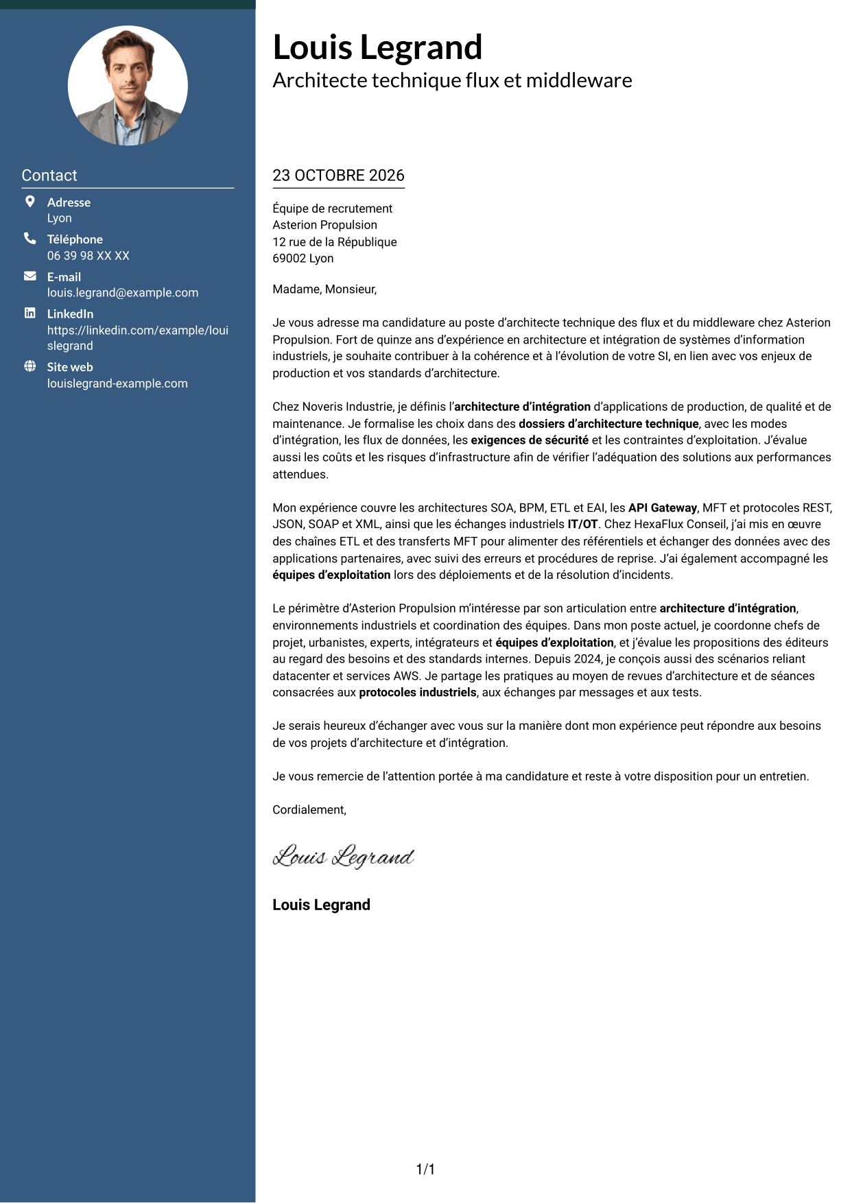 Lettre de motivation Élégant (format à colonne latérale colorée avec photo) : Architecte technique flux et middleware des SI, page 1