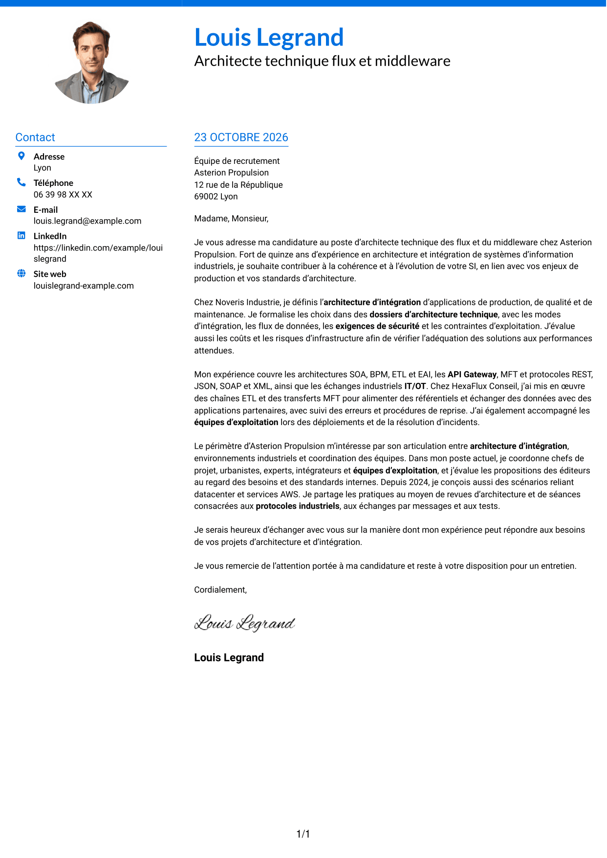 Lettre de motivation Audacieux (format à deux colonnes avec accents colorés et photo) : Architecte technique flux et middleware des SI, page 1