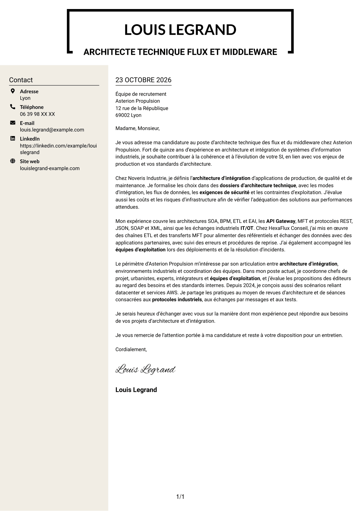 Lettre de motivation Fonceur (format à deux colonnes avec en-tête centré sans photo) : Architecte technique flux et middleware des SI, page 1