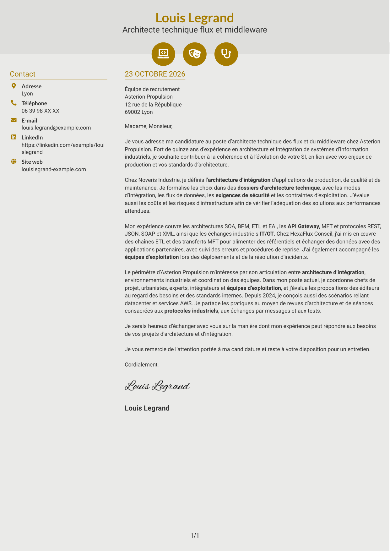 Lettre de motivation Dynamique (format à deux colonnes avec icônes) : Architecte technique flux et middleware des SI, page 1