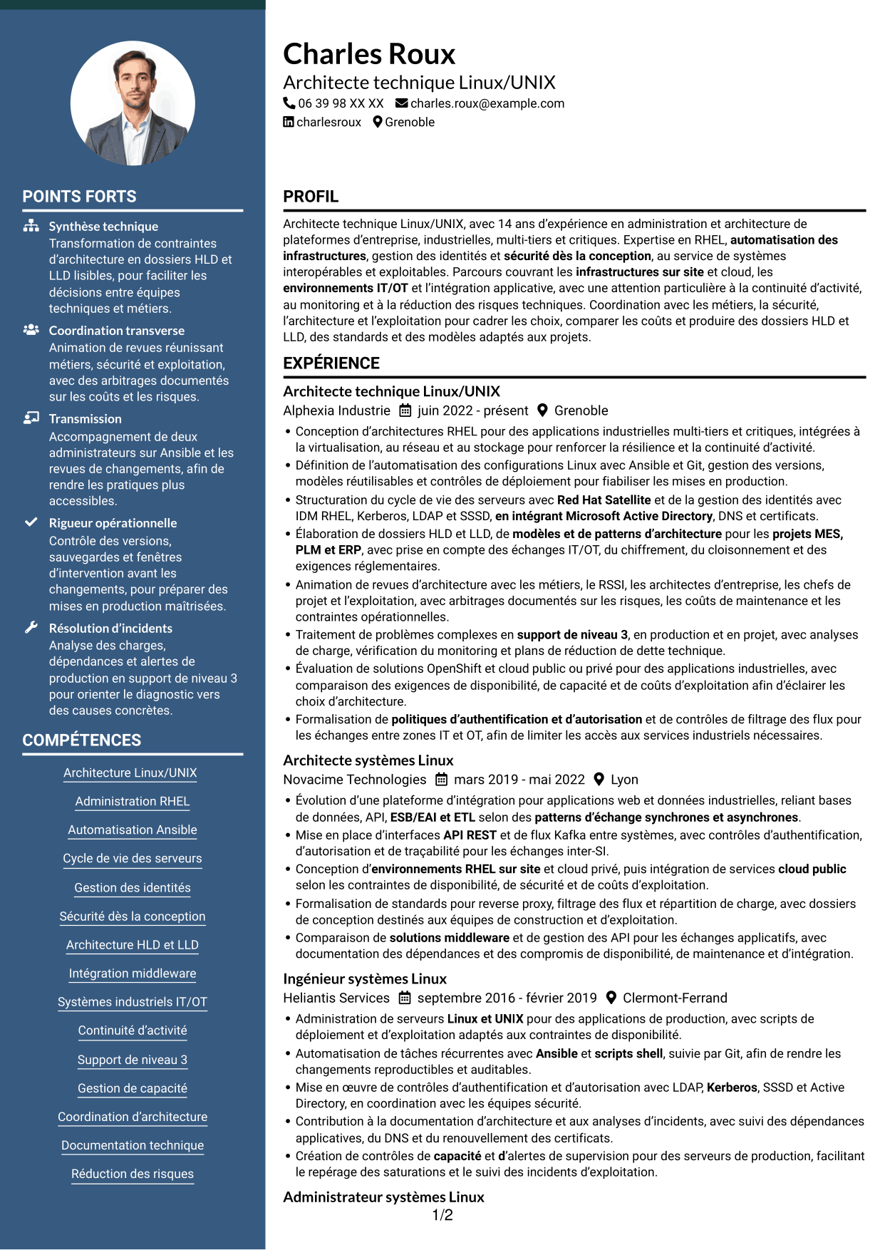 CV Élégant (format à colonne latérale colorée avec photo) : Architecte technique Linux/UNIX, page 1