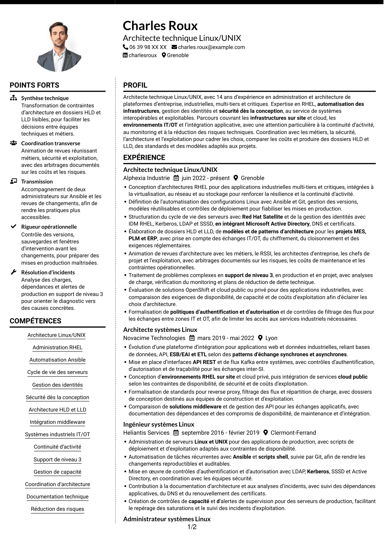CV Moderne (format à deux colonnes avec photo à gauche et séparateur) : Architecte technique Linux/UNIX, page 1
