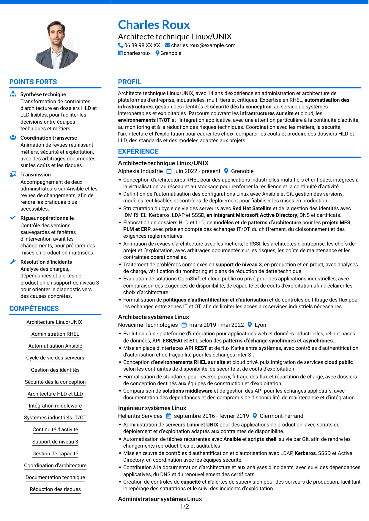 CV Audacieux (format à deux colonnes avec accents colorés et photo) : Architecte technique Linux/UNIX, page 1