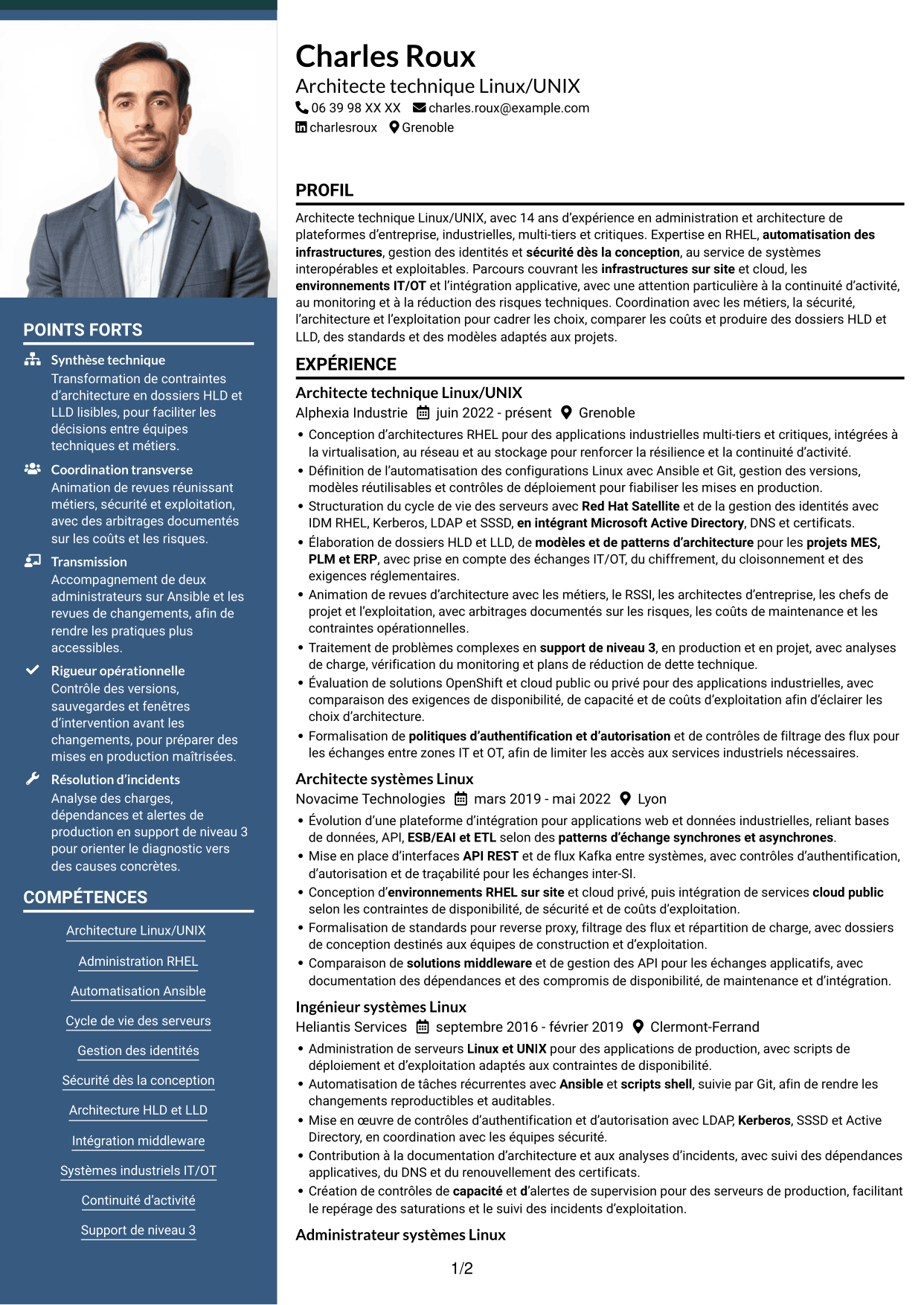 CV Signature (format à colonne latérale colorée avec grande photo) : Architecte technique Linux/UNIX, page 1