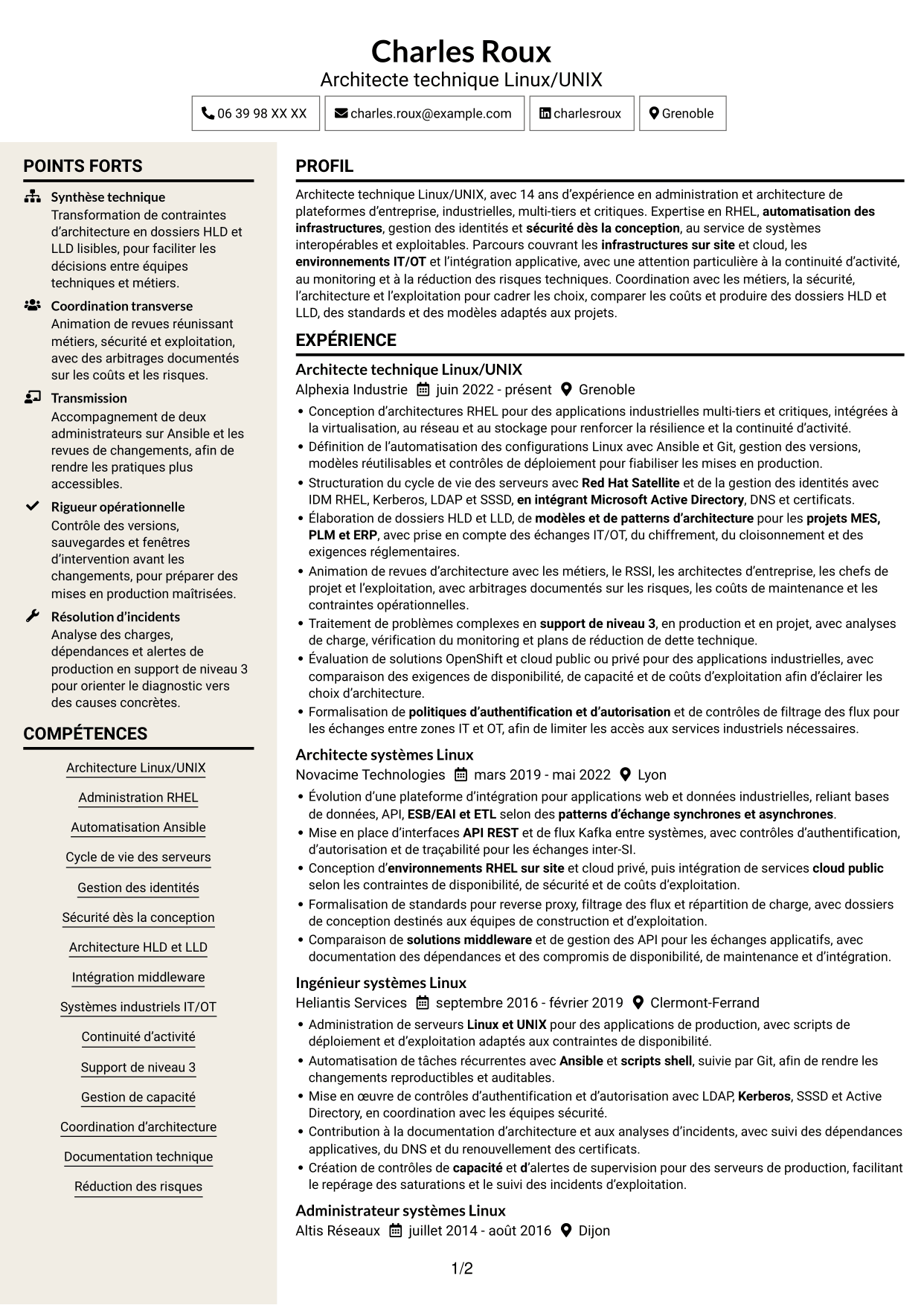 CV Fonceur (format à deux colonnes avec en-tête centré sans photo) : Architecte technique Linux/UNIX, page 1