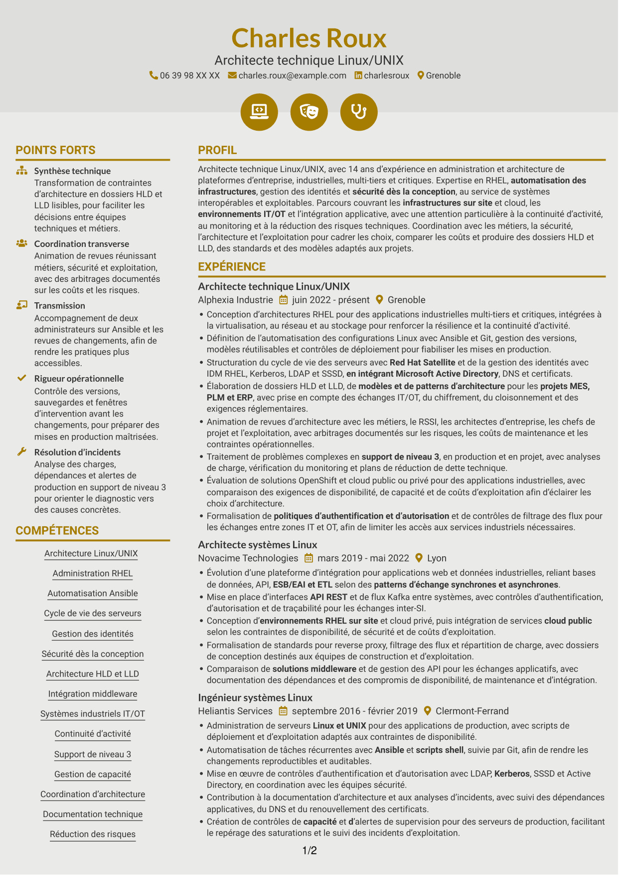CV Dynamique (format à deux colonnes avec icônes) : Architecte technique Linux/UNIX, page 1