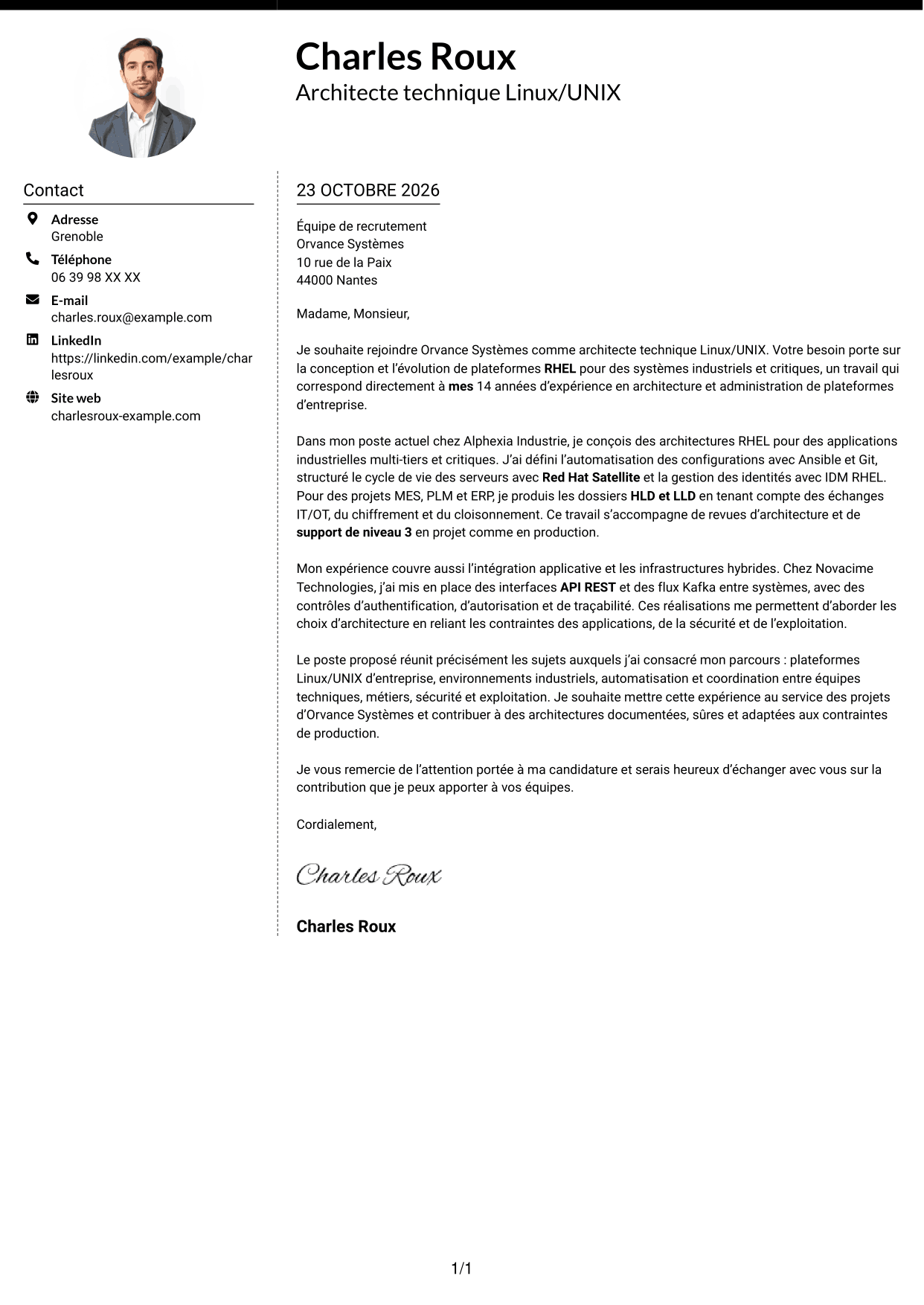 Lettre de motivation Moderne (format à deux colonnes avec photo à gauche et séparateur) : Architecte technique Linux/UNIX, page 1