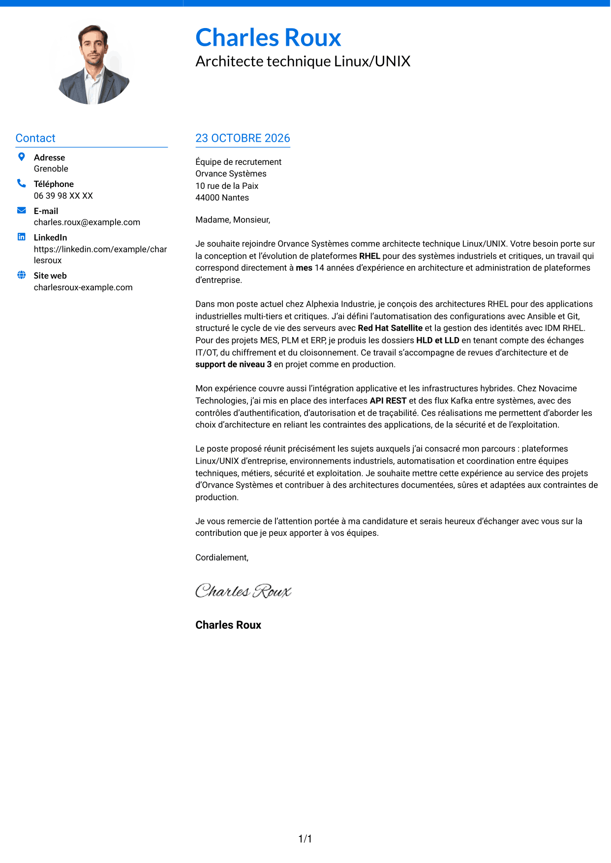 Lettre de motivation Audacieux (format à deux colonnes avec accents colorés et photo) : Architecte technique Linux/UNIX, page 1