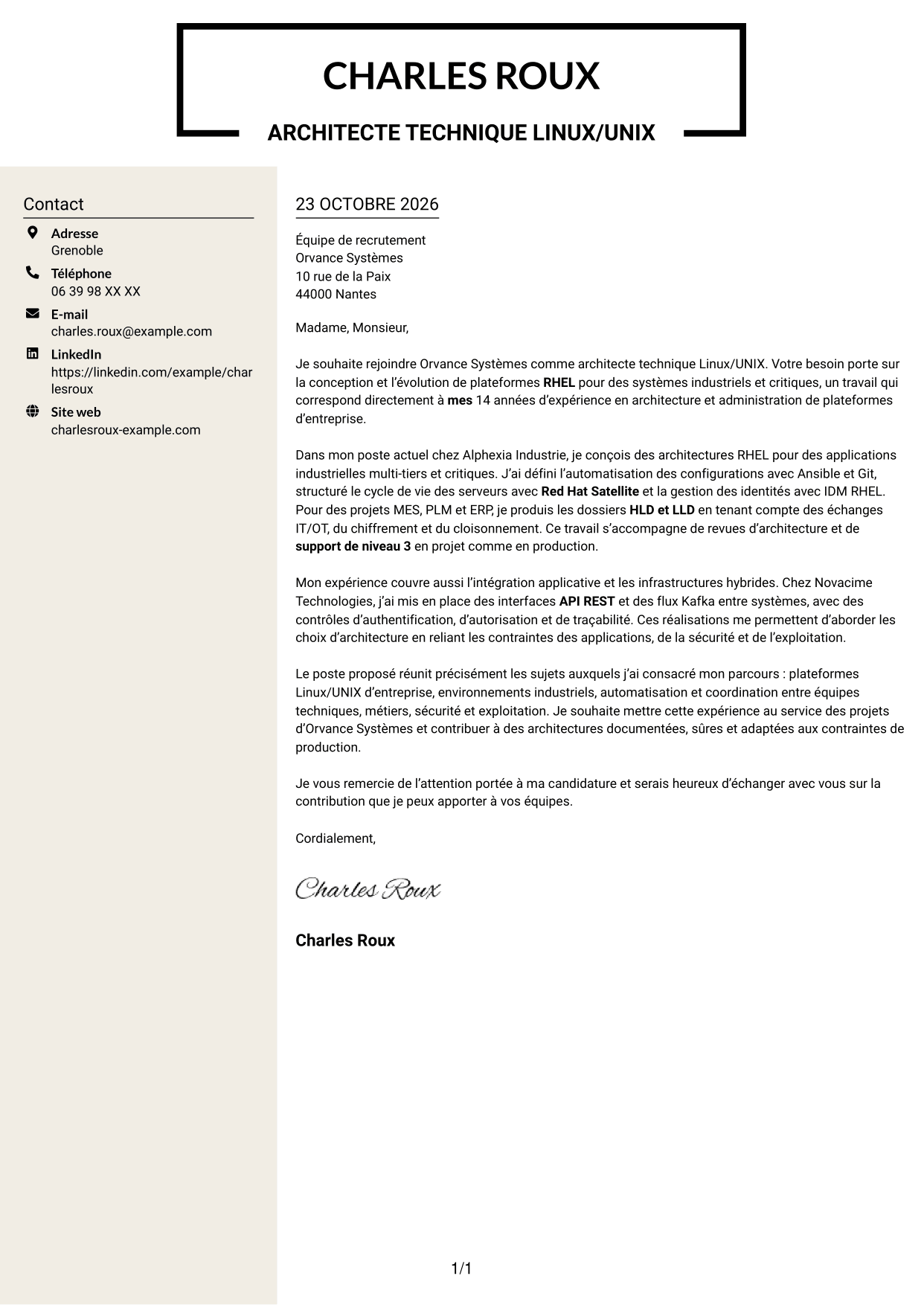 Lettre de motivation Fonceur (format à deux colonnes avec en-tête centré sans photo) : Architecte technique Linux/UNIX, page 1