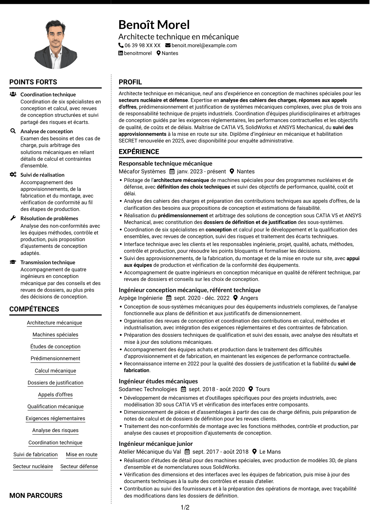 CV Moderne (format à deux colonnes avec photo à gauche et séparateur) : Architecte Technique Machines Spéciales, page 1