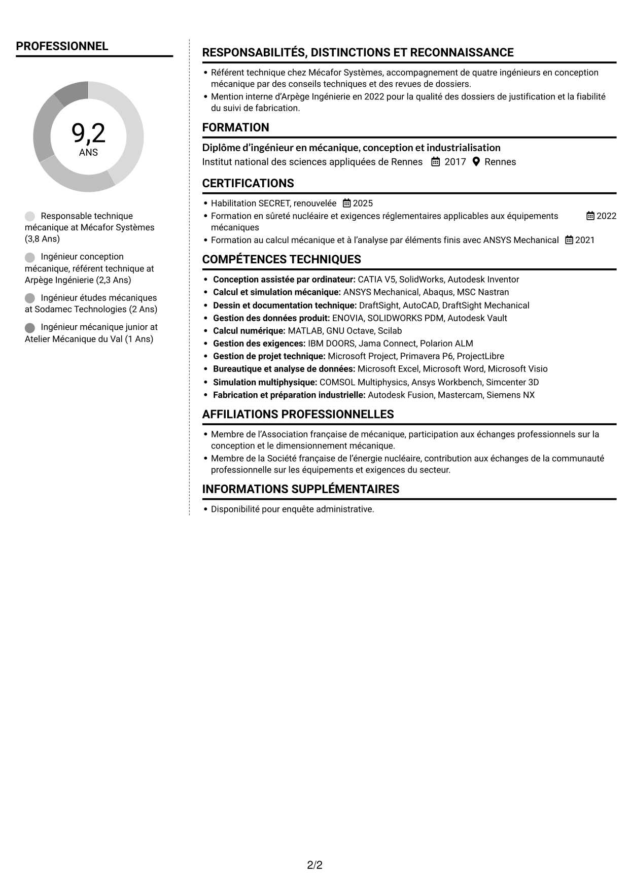 CV Moderne (format à deux colonnes avec photo à gauche et séparateur) : Architecte Technique Machines Spéciales, page 2
