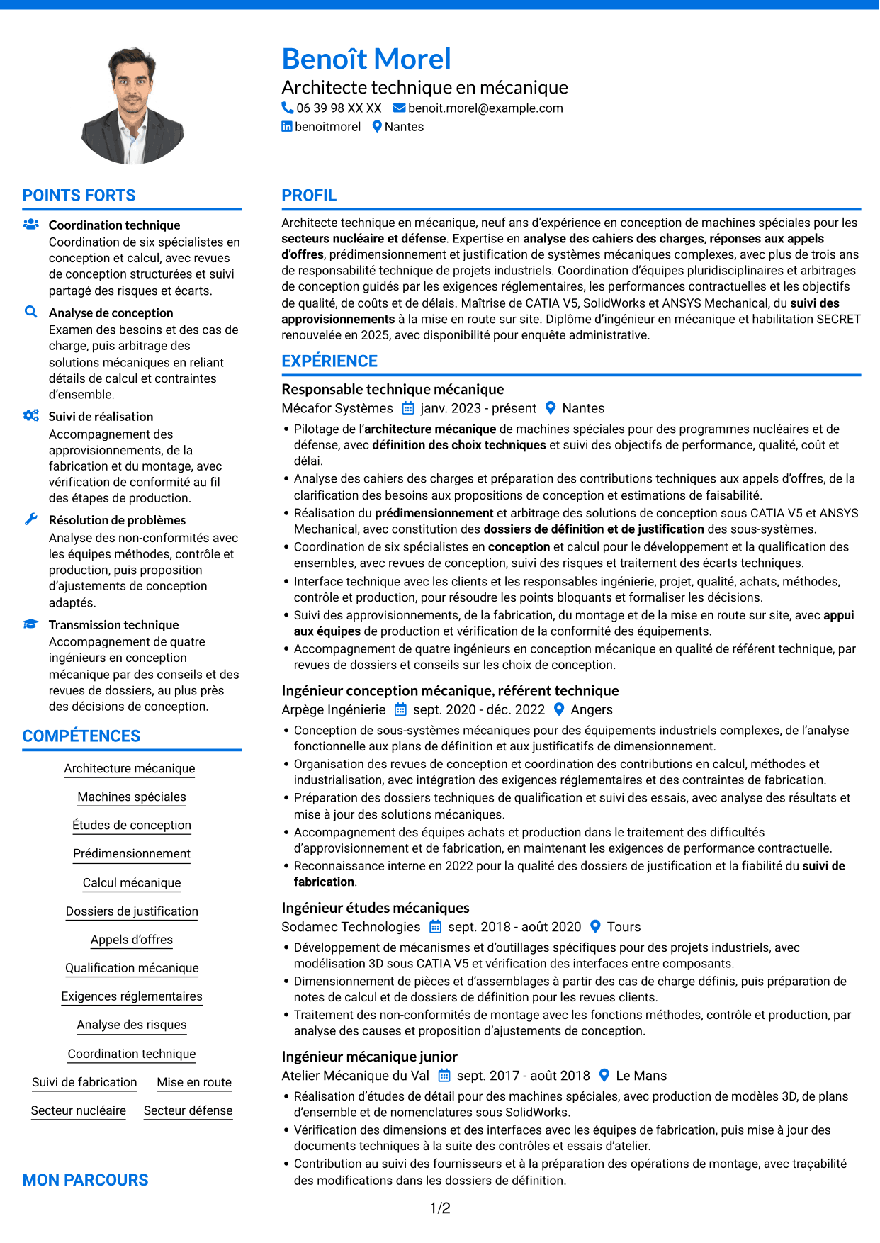 CV Audacieux (format à deux colonnes avec accents colorés et photo) : Architecte Technique Machines Spéciales, page 1