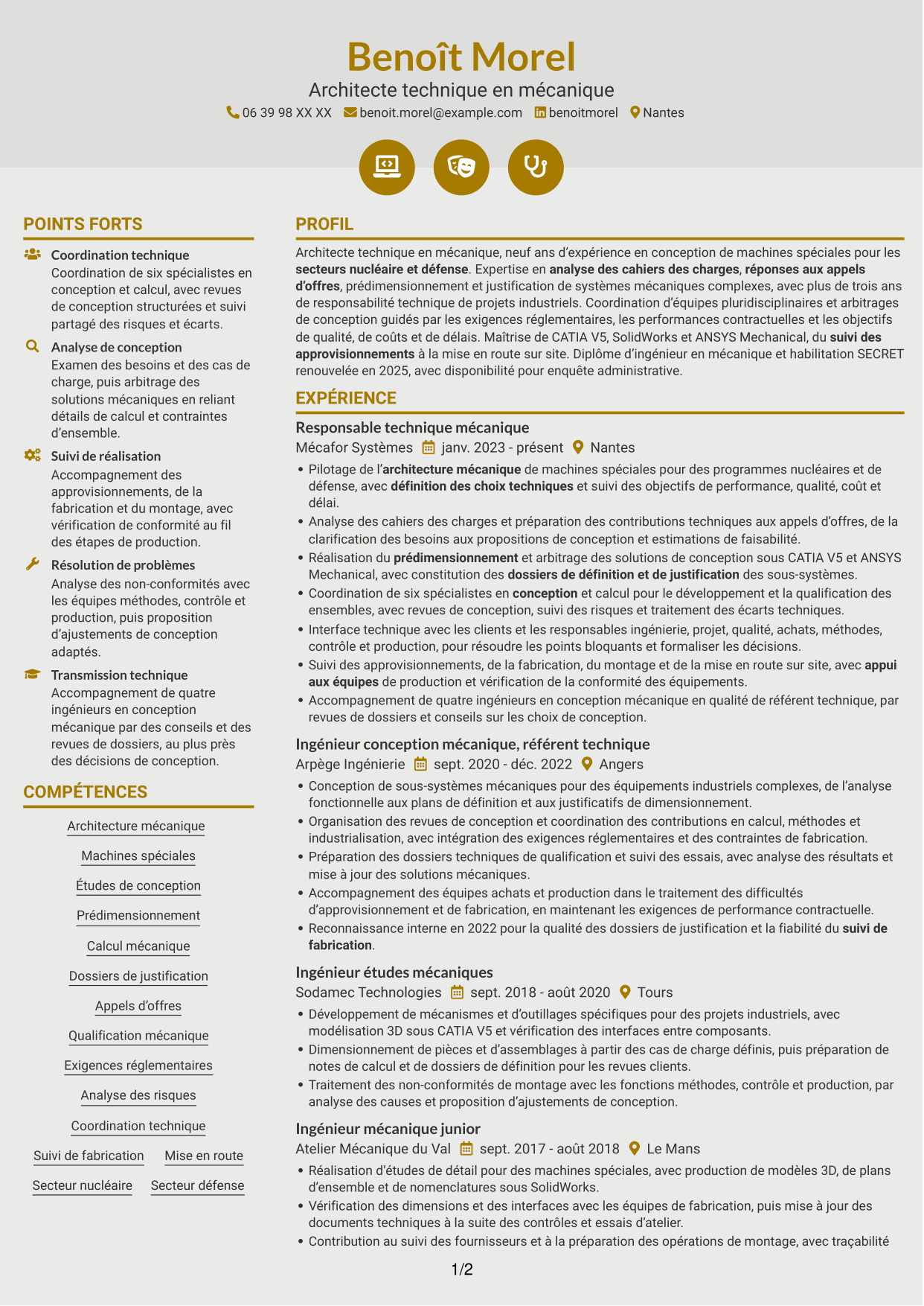 CV Dynamique (format à deux colonnes avec icônes) : Architecte Technique Machines Spéciales, page 1